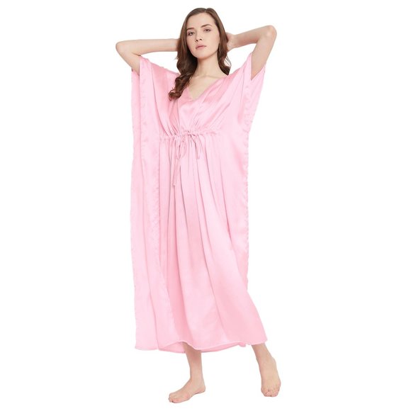 Women's Pink Satin Night Dress Kimono Kaftan Solid Caftan Cover up Maxi Dresses - Picture 4 of 10